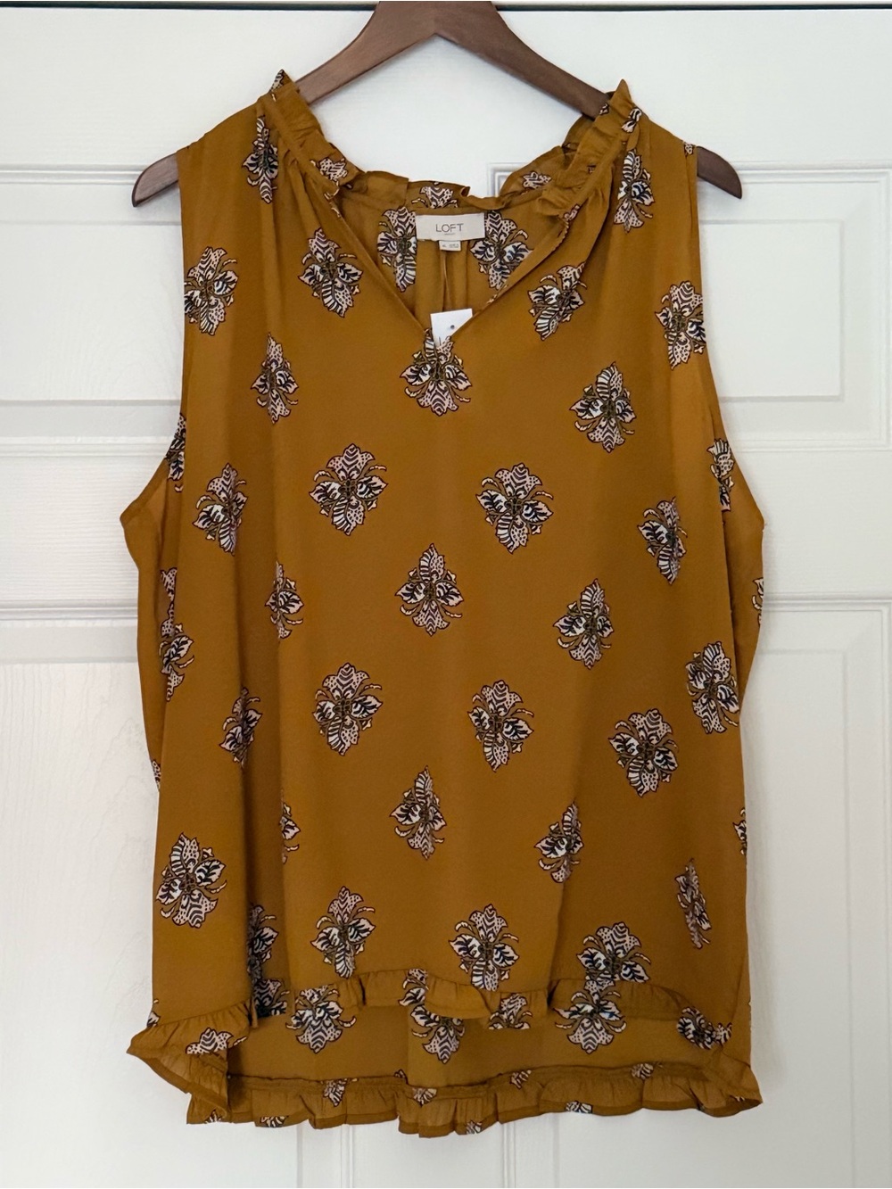 LOFT Mustard Floral Print Ruffle Neck Blouse